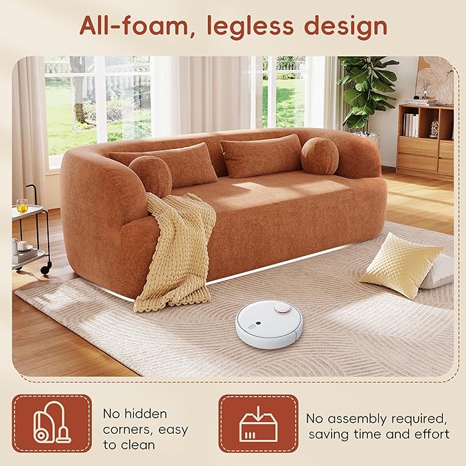 86 Curved Cloud Couch Curved SofaBoneless Couch Upholstered Sofa with Pillows No Assembly with High-Density Foam 3-Seater Luxury Modern Compressed Sofa ChenilleOrange