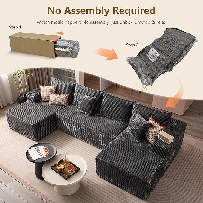 135 U-Shaped Cloud Sectional Couch Plush Corduroy Modular Sofa with Double Chaise No Assembly Deep Seat Boneless Sofa Set for Living Room (Gray U-Shape)