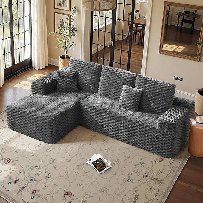 VanAcc 106’’ Oversized Modular Sectional Sofa Deep Seat Cloud Couch with Corduroy Upholstery L Shaped Boneless Sofas Easy No-Assembly Lounge Couches for Living Room Grey