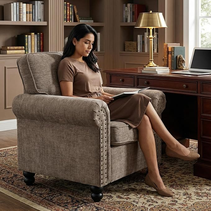 Nailhead Armchair Rolled Arms Accent Chair for Living Room Single Sofa Chair with Springs Seat Cushion &amp Wooden Legs Mid-Century Armchair for Apartment Office Farmhouse Light Brown