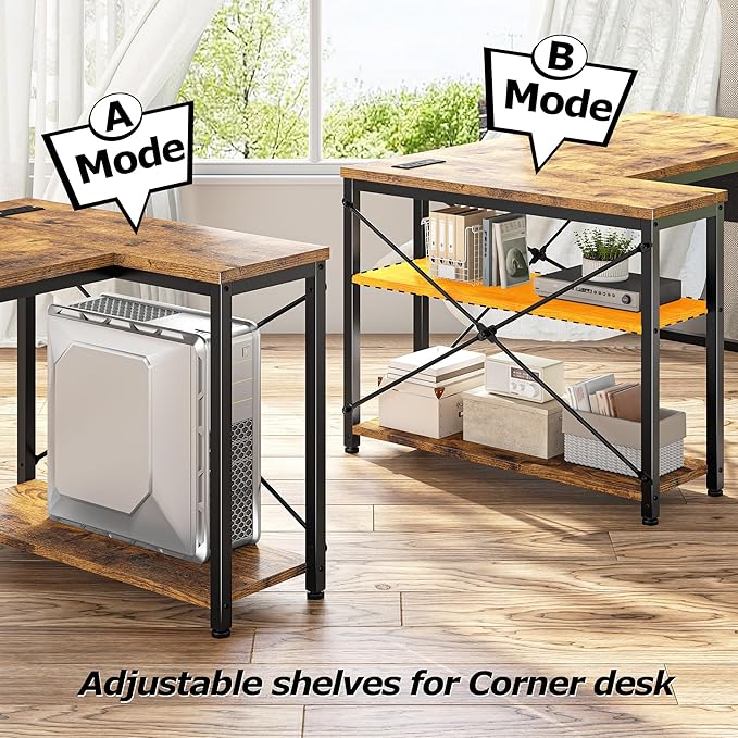 EnHomee Small Computer Gaming Desk with Storage Shelves &amp Side Bag 40 Inch L Shaped Desk with Power Outlets Corner Desk Study Writing Table for Home Office Bedroom Living Room Brown