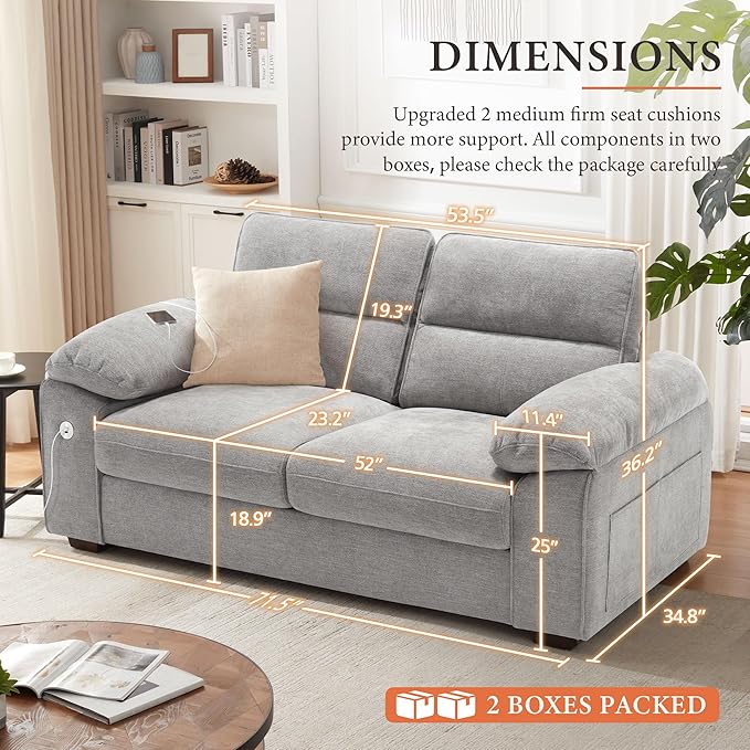 Ihanherry 71.5 Inch Loveseat Pillow-Armrest Sofa with USB/Type-C Charging Port Modern 2-Seats Sofa for Living Room &amp Bedroom Removable Medium Firm Cushion Breathable Chenille Fabric Grey