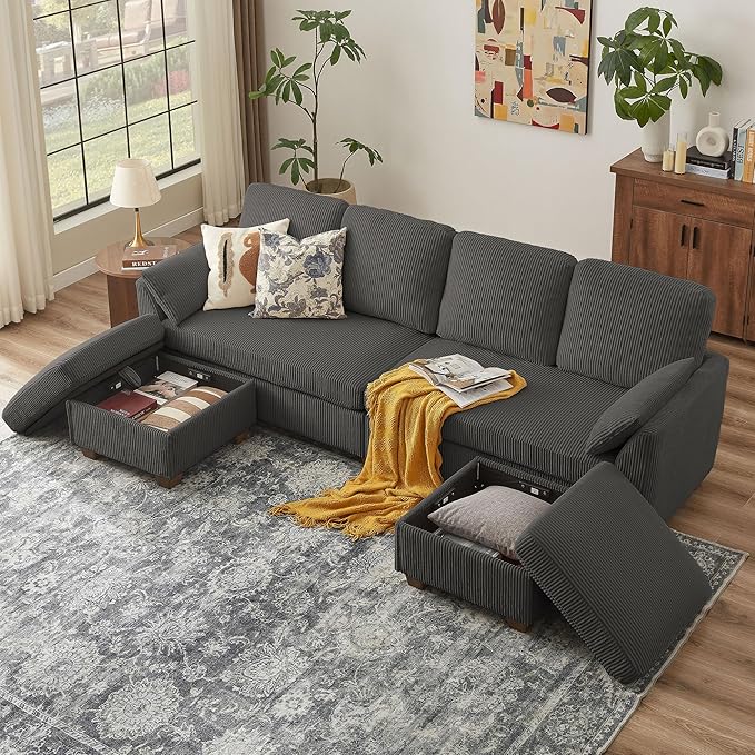 4-Seater U Shaped Sofa with 2 Storage Ottomans Comfortable Corduroy Fabric Convertible Sectional Couch with 2 Pillows Modern Couches for Living Room (Dark Grey)
