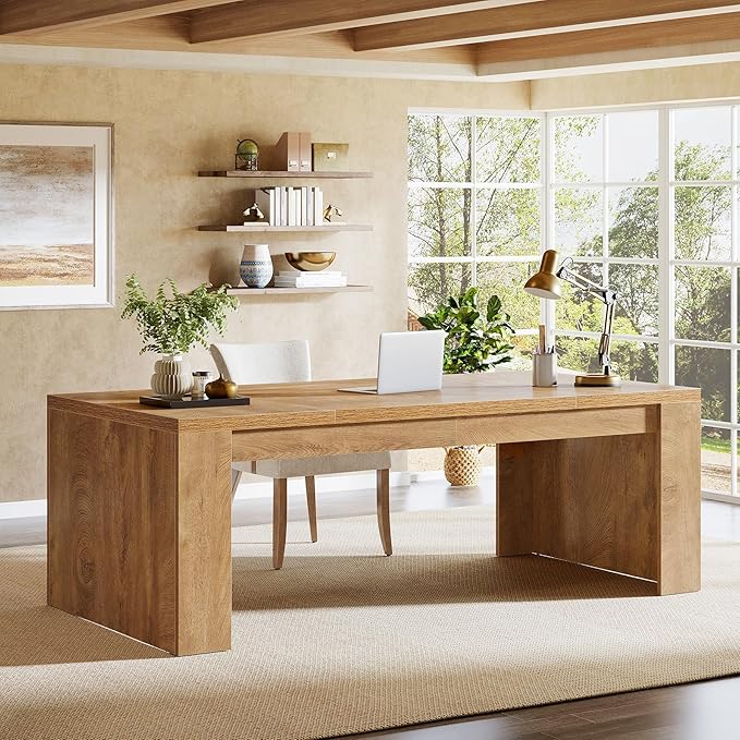Tribesigns Executive Office Desk 70.9-Inch Large Farmhouse Wooden Computer Desk with Sturdy Double Pedestal Legs Writing Workstation Business Furniture for Home Office (Brown)