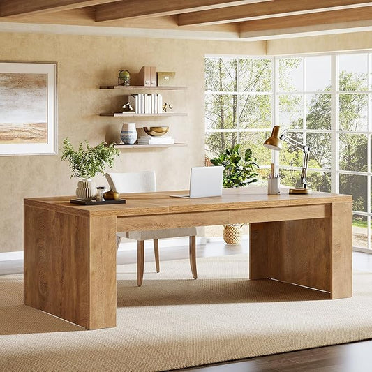 Tribesigns Executive Office Desk 70.9-Inch Large Farmhouse Wooden Computer Desk with Sturdy Double Pedestal Legs Writing Workstation Business Furniture for Home Office (Brown)