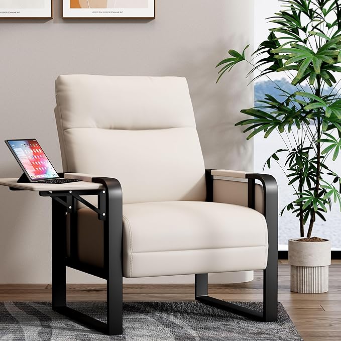 Aklaus Multifunctional Iron Frame Accent Chair with Foldable Side Table Reading Papasan Armchair with Extra Soft Cushion Oversized Chair for Living Room Office Bedroom Study (Beige Pack of 1)