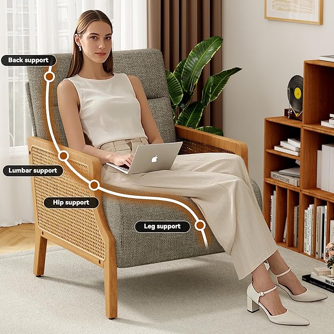 WENTMENT Modern Accent Chair Armchair with Natural Rattan Armrest Upholstered Living Room Chair Comfy Single Sofa Chair for Hosting Room/Bedroom Grey