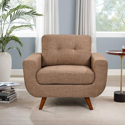 41”Linen Fabric Accent Chair Mid Century Modern Armchair for Living Room Bedroom Button Tufted Upholstered Comfy Reading Accent Sofa ChairsLight Brown