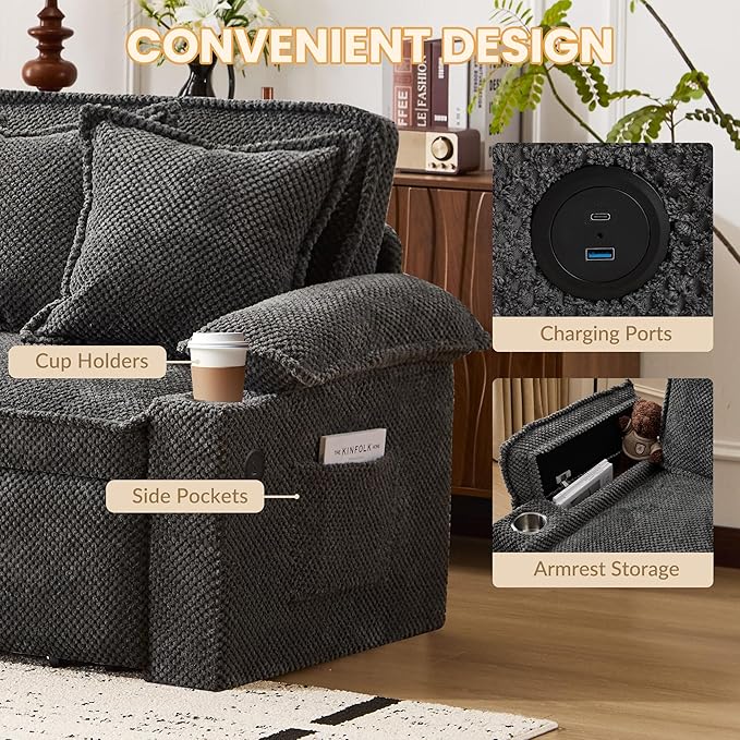 83 King Size Pull Out Sofa Bed 4-in-1 Convertible Sleeper Sofa Bed with USB Ports Cup Holders Side Pockets Corduroy Pull Out Couch Loveseat Chaise for Living Room Small Space (Dark Gray)