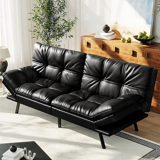 71 Convertible Futon Sofa BedBright Black Faux Leather Futon CouchMemory Foam Reclining Sleeper Sofa BedModern Folding Small Loveseat Couches for Living RoomOfficeApartment
