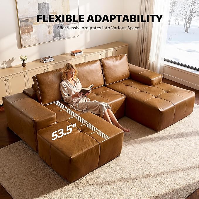 Sofa Couch Ottoman for Living Room Bedroom Brown (Soft Leather Fabric)