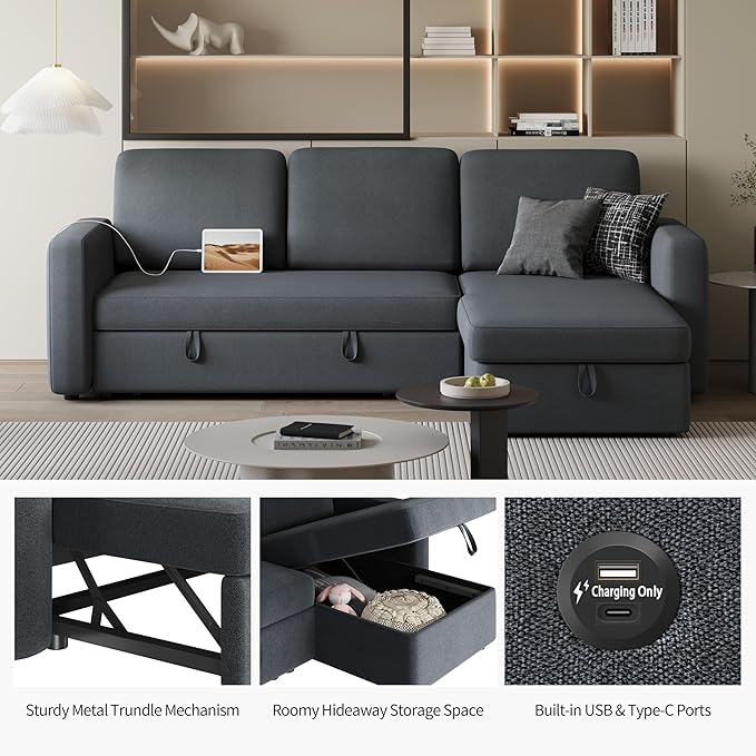 Yaheetech Sectional Sofa L-Shaped Sofa Couch Bed w/Chaise &amp USB Reversible Couch Sleeper w/Pull Out Bed &amp Storage Space Living Room Dark Gray
