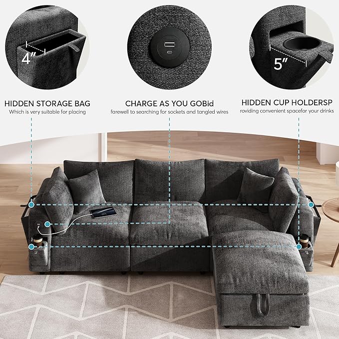 Cloud Modular Sectional Sofa L-Shaped 3-Seat Deep Seat with Storage Ottoman Solid Wood Frame Wide Armrests USB/Type-C &amp Cup Holders Modern Chenille Couch for Living RoomDark Gray