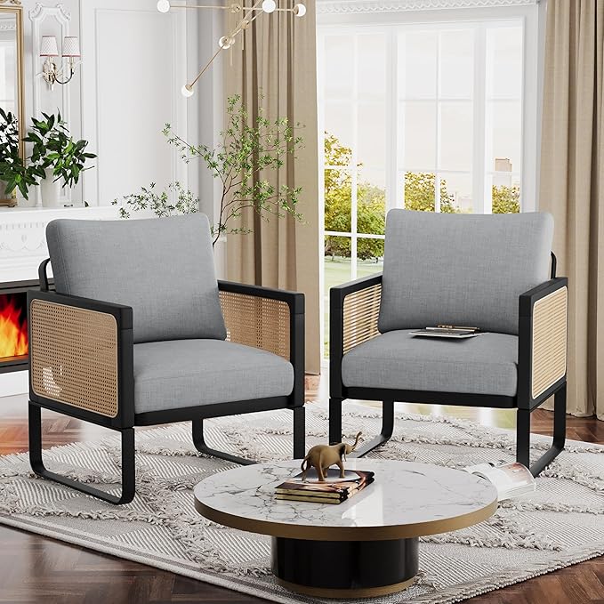 WENTMENT Rattan Accent Chairs Set of 2 Sofa Chair with Natural Rattan Armrest and Removable Backrest Upholstered Living Room Chair Lounge Chair for Reception Room/Hosting Room/Bedroom(Grey)