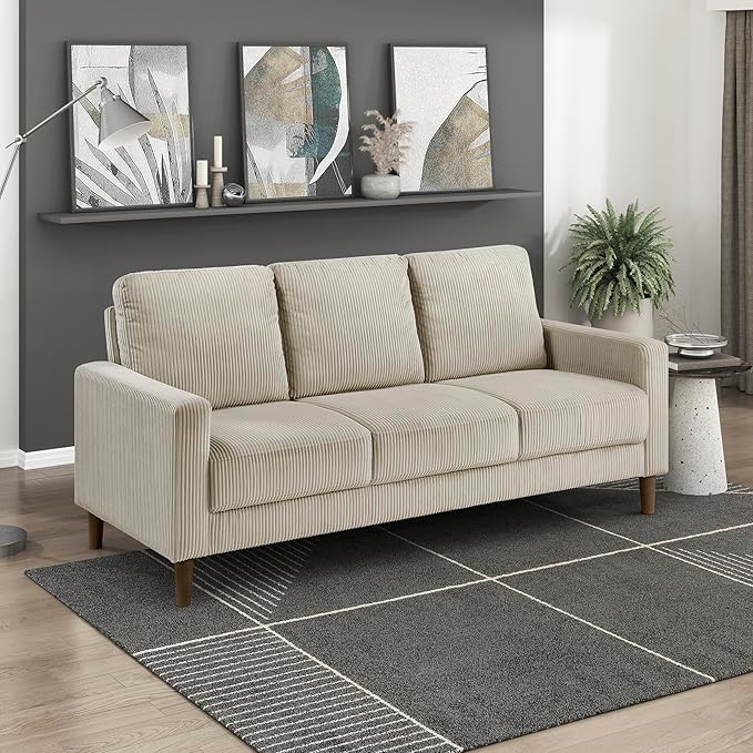 Lexicon Modern Sofa Corduroy Fabric Upholstered Living Room Sofa Couch with Brown Legs Track Arms Comfy Couch for Living Room/Bedroom/Apartment 3-Seater Taupe