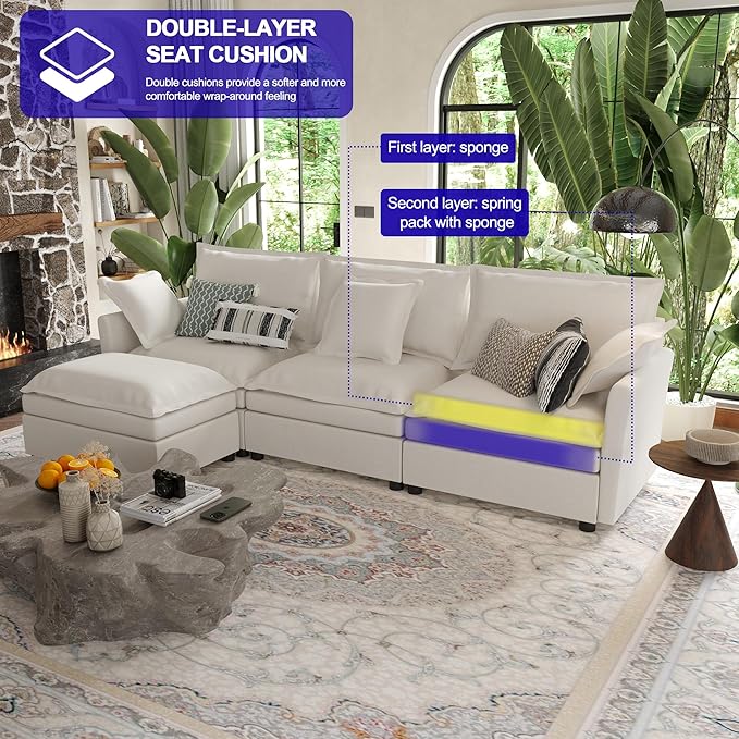 112 Inch Cream White Cloud Sectional Couch - Wide Pillow Edge Chenille Comfy Upholstered 3 Seater Modular Sofa with Ottoman L Shaped Couches for Living Room Apartment Office