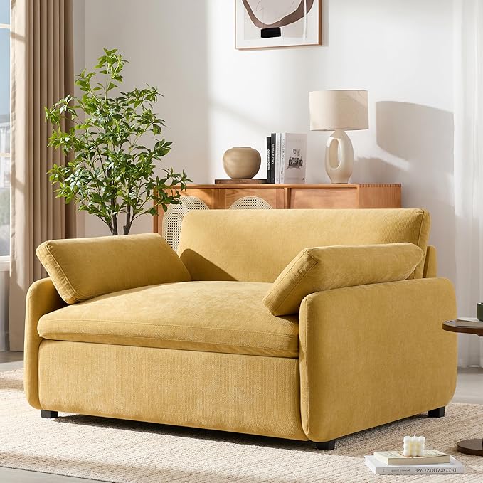 50 * 43” Oversized Modern Accent Chair Ultra Wide and Deep Seat Single Sofa Chair Chenille Soft Comfy Armchair with Two Throw Pillows for Living Room Apartment Dorm Office (Yellow)