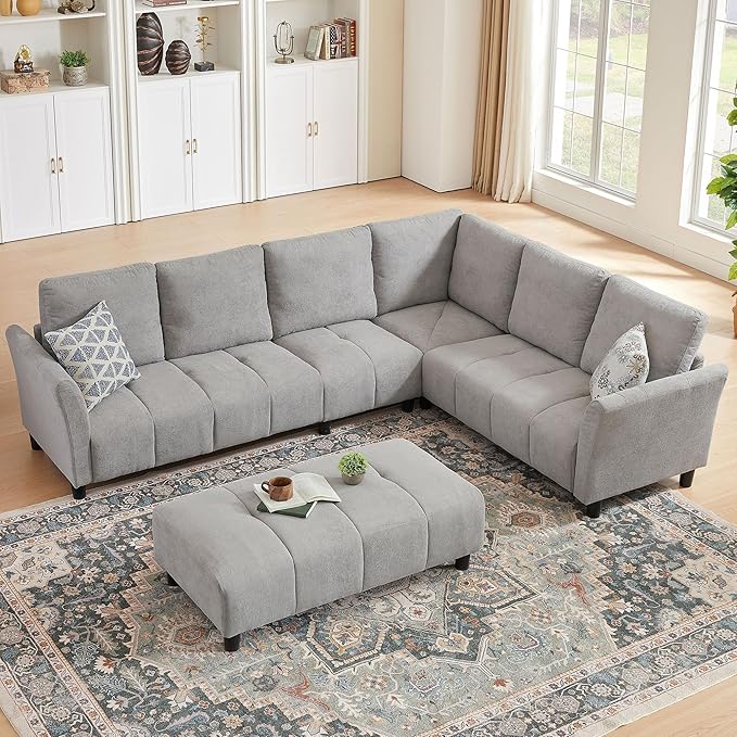Sectional Sofa with Ottoman 102'' L Shaped Couch Set Modern 6 Seater Sectional Corner Couch with Back CushionsUpholstered Couches for Living Room Apartment Office Light Grey