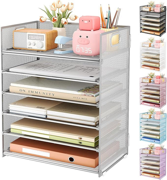Subekyu 6 Tier Paper Organizer for Desk with Handle Metal Mesh Desk Office File Folder Paper Letter Tray Accessories Organizer Sorter for Home School Office Desktop Document Organization - Silver