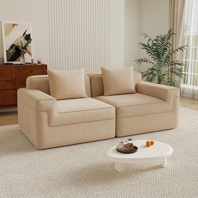 Boneless Couch81 No Assembly Oversize Modular Sectional Cloud CouchCompressed Sofa in a Box Solid Foam Corduroy Sofa with Ottoman for Living Room (Camel Corduroy2 Seats)