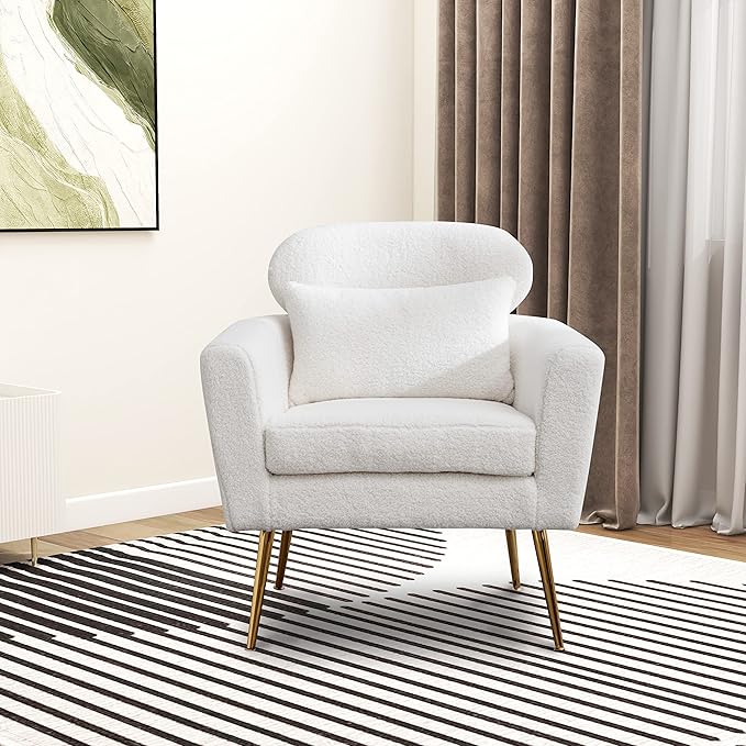 29.5 W Modern Boucle Accent Chair Armchair Upholstered Reading Chair Single Sofa Leisure Club Chair with Gold Metal Leg and Throw Pillow for Living Room Bedroom Dorm Room Office Ivory Boucle