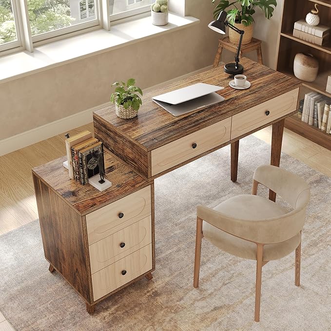 LITTLE TREE 39-Inch Computer Desk with 5 Drawers Extendable Table with Storage for Small Space Home Office Reversible Design (Rustic Brown)