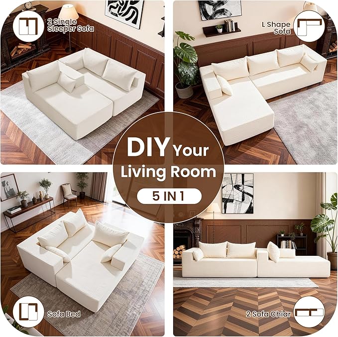 106 Cloud Sectional Boneless Couches for Living Room Modular L Shaped Couch with Deep Seat Oversized Left Facing Chaise Memory Foam Compressed Spineless 3 Seater Sofa for Bedroom Apartment Beige