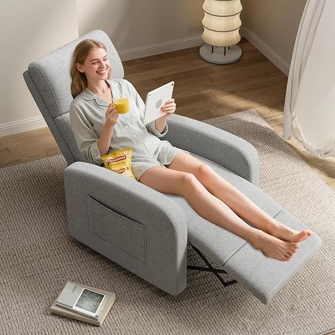 Premium Linen Manual Recliner Chair - High Backrest &amp Thick Cushion for Superior Comfort Adjustable Push Back Recliner with Side Pocket Gray Lounge Chair for Living Room &amp Bedroom