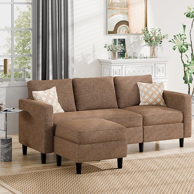 JAMFLY Sectional Sofa Couch Convertible L Shaped Sofas with Ottoman Small Sectional Couches for Living Room 3 Seater Couch for Small Spaces Brown