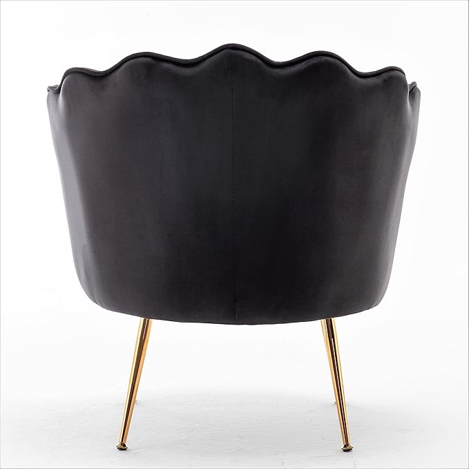Velvet Barrel Accent Chair with Scalloped Silhouette and Gold Metal Legs Decorative Piece Suitable for Traditional Modern and Contemporary Spaces Black