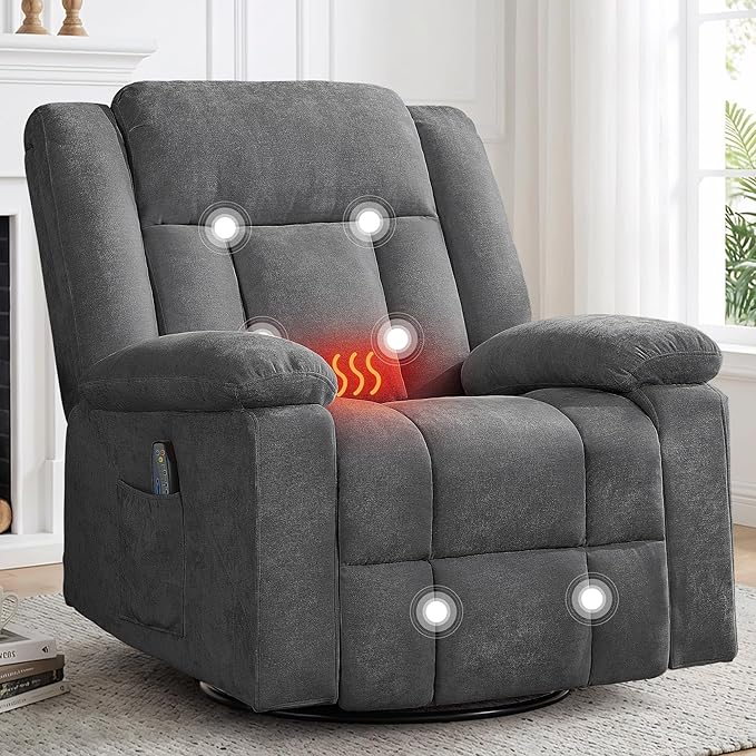 Rocker Recliner Chair for Adults 360° Swivel Rocker Recliner with Massage and Heating Nursery Rocking Chairs with Side Pockets Manual Reclining Chair for Living Room Bedroom or Nursery