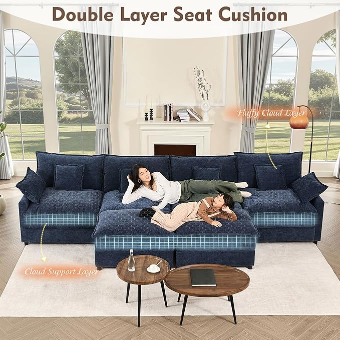 142.5 U Shaped Couch Modular Sectional Sofa 3-Seater Comfy Cloud Couch Set of Modular Pieces with Movable Ottoman Deep Seat Couches for Living Room Chenille Navy