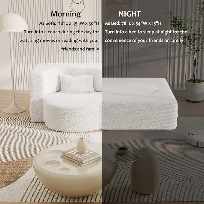 78 Convertible Floor Sofa Bed 2-in-1 Folding Loveseat Sleeper No-Assembly Cloud Couch for Living Room Small Spaces Guest Room White