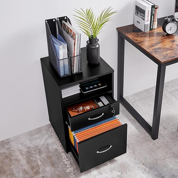 Topeakmart File Cabinet Movable Vertical Filing Cabinet with 2-Drawer and 1-Open Shelf Mobile Letter File Storage Oragnizer Lateral File Srorage on Wheels for A4/ Legal/Letter Black