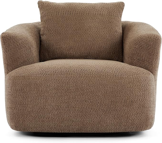 360° Swivel Chair 38.2 Accent Chair Sofa Boucle Fabric Upholstered Swivel Barrel Sofa Chair with a Throw Pillow for Living Room Bedroom Office Hotel (Dark Brown-4.29)