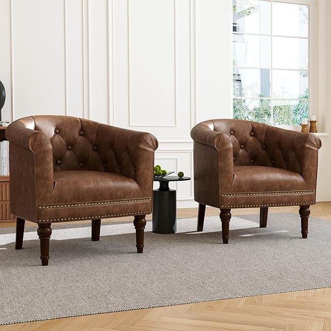 Accent Chair Upholstered Faux Leather Barrel Chair with Nailed Trim Comfy Club Armchair for Reading Living Room Bedroom Waiting Room (Rust Set of 1)