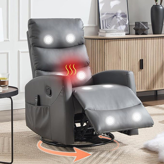 Luxlen Manual Swivel Rocker Recliner Chair with Massage Overstuffed Recliner Glider with Vibration Massage and Heat for Nursery Living Room Reclining Sofa Chair PU Leather Gray