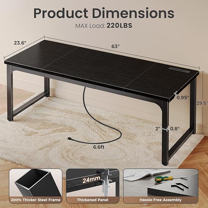 Huuger 63 x 24 inch Desk with Power Outlets &amp USB-C Deeper &amp Thicker Desktop Robust Metal Tubes Computer Desk Heavy Duty Office Desk Work Gaming Desk for Home Office Black