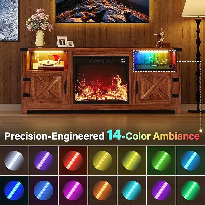 YESHOMY LED Fireplace TV Stand with Mood Lighting TV Cabinet with Open Shelf Farmhouse Media Console with Hidden Cable Routing Entertainment Center for Televisions up to 65+ Inch Walnut