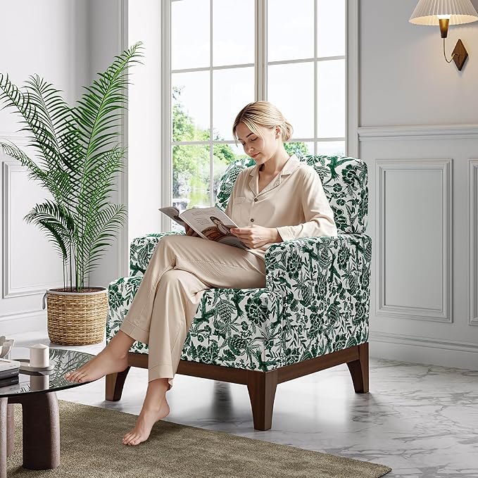 Floral Accent Chair Set of 2 Upholstered Armchair with Solid Legs Comfy Reading Single Sofa with Spring-Padded Cushion for Bedroom Green