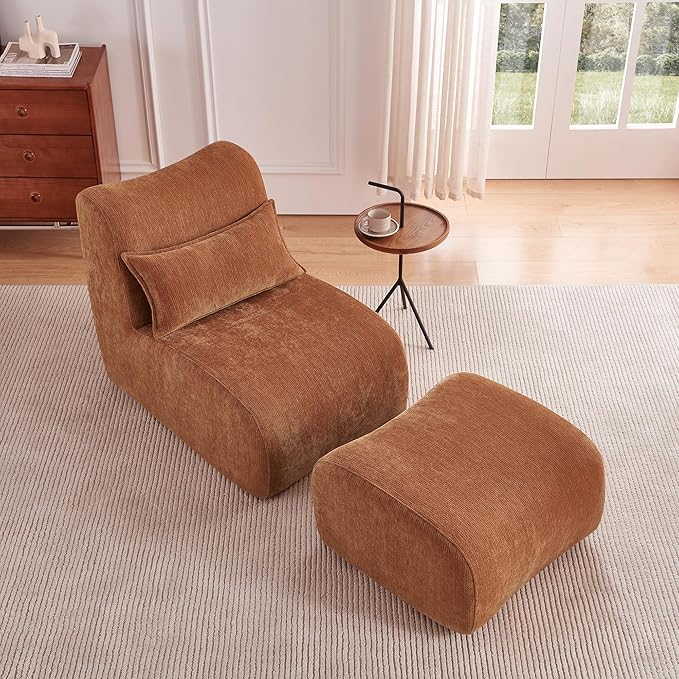 Modern Lounge Chair with Ottoman Compressed Upholstered Recliner for Small Spaces Comfortable Accent Sofa for Living Room Bedroom or Apartment