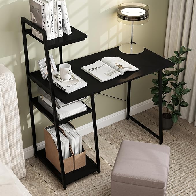 Tangkula Computer Desk with Shelves Space Saving Home Office Desk with 3-Tier Ladder Shaped Storage Bookshelf Modern Writing Study Desk with Metal Frame Compact Computer Workstation (Black)