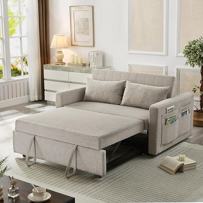 55.5 Fabric Convertible Sofa Bed Pull Out Sleeper Sofa Bed Loveseat Couch with Side Pocket 3 in 1 Convertible Sleeper Sofa Bed for Living Room Apartment Bedroom RV Light Grey