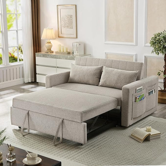 55.5 Fabric Convertible Sofa Bed Pull Out Sleeper Sofa Bed Loveseat Couch with Side Pocket 3 in 1 Convertible Sleeper Sofa Bed for Living Room Apartment Bedroom RV Light Grey