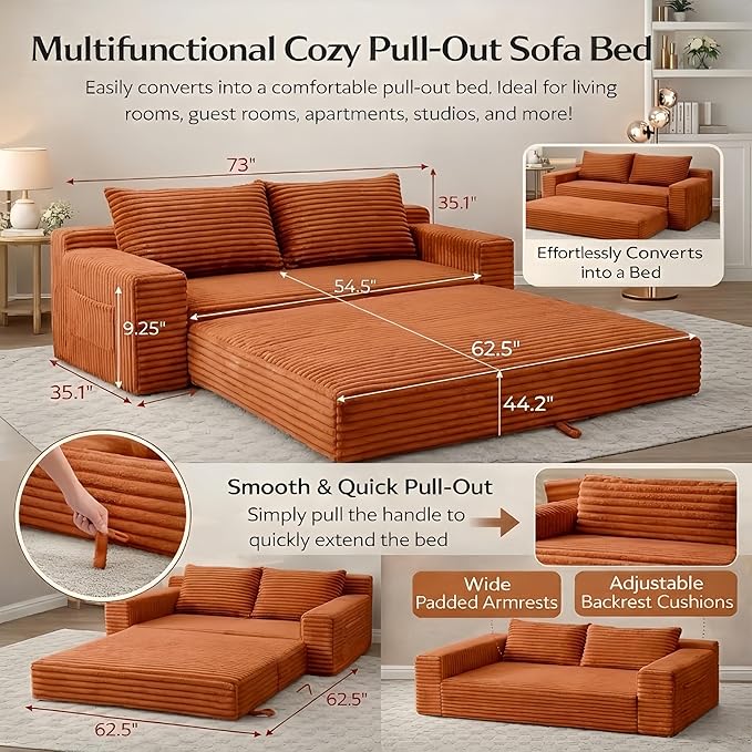 73 Convertible Sleeper Sofa Comfy Corduroy Foldable Sofa Bed with 2 Pillows Floor Sofa Lounge Couch in Box for Living Room Bedroom Lounge Studio No AssemblyOrange