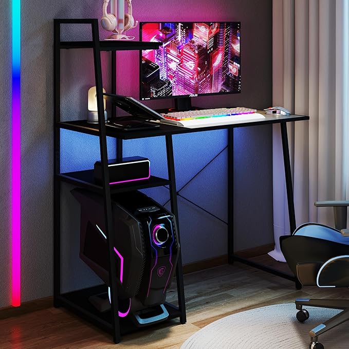 Tangkula Computer Desk with Shelves Space Saving Home Office Desk with 3-Tier Ladder Shaped Storage Bookshelf Modern Writing Study Desk with Metal Frame Compact Computer Workstation (Black)