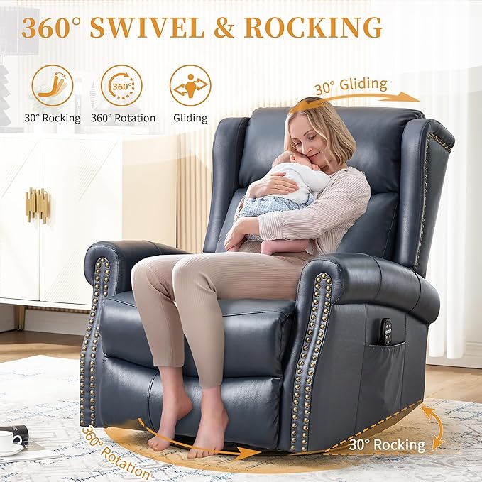 360° Swivel Glider Chair for Nursery Wingback Genuine Leather Rocking Recliner with Lumbar Heat &amp Massage 8-Point Vibration Massage for Living Room Bedroom