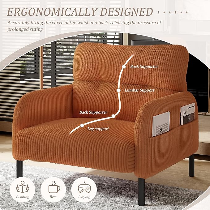 26 Modern Single Couch Sofa Corduroy Fabric Armchair Upholstered Sofa Single Sofa Chairs for Small Space Living Room Bedroom Apartment Orange