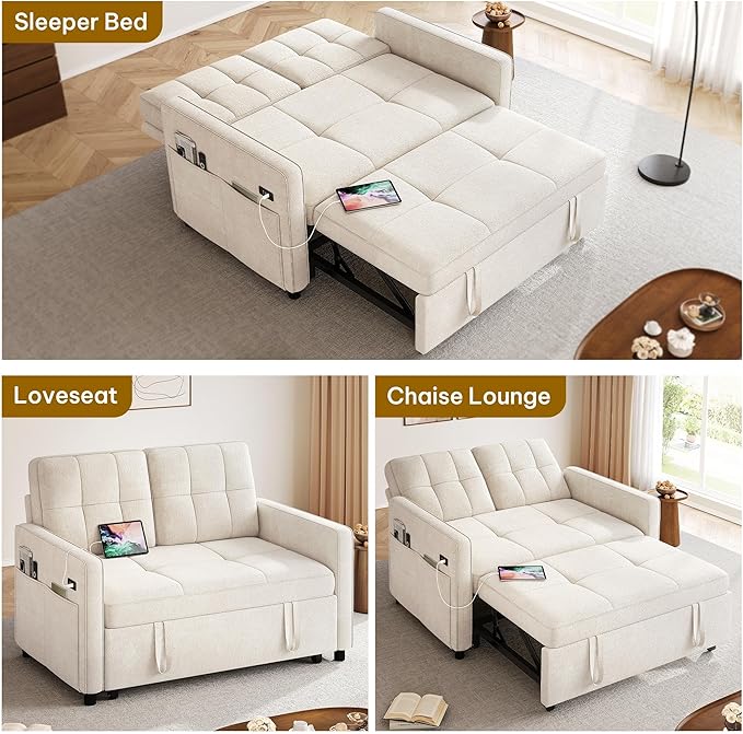 DWVO 55 Convertible Sofa 3-in-1 Sleeper Sofa with Pull-Out Velvet Futon Couch with Adjustable Backrest and USB Modern Loveseat for Living Room Apartment Light Beige