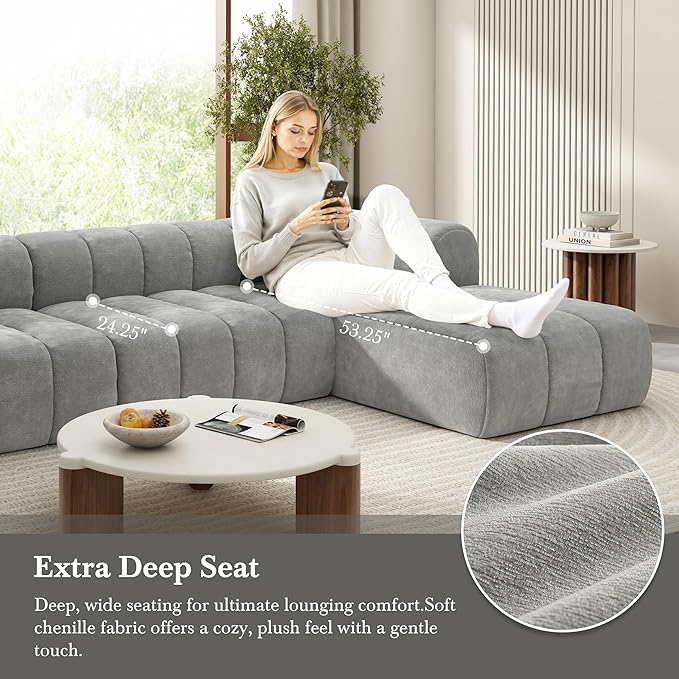 Christopher Knight Home Mania 122 Modular L-Shape Sofa Couch with Chaise Lounge Modern Sectional Sofa Set for Living Room Boucle Fabric Upholstered Cloud Couch with Deep Seat Gray